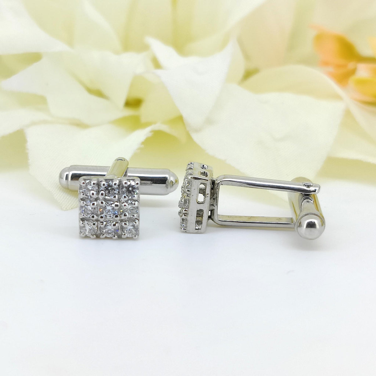 White Cubic Zircon Cufflinks-925 Sterling Silver Jewelry-Round Zircon-Square Cut Cufflinks-Minimalist Handmade Jewelry-Men's Accessories
