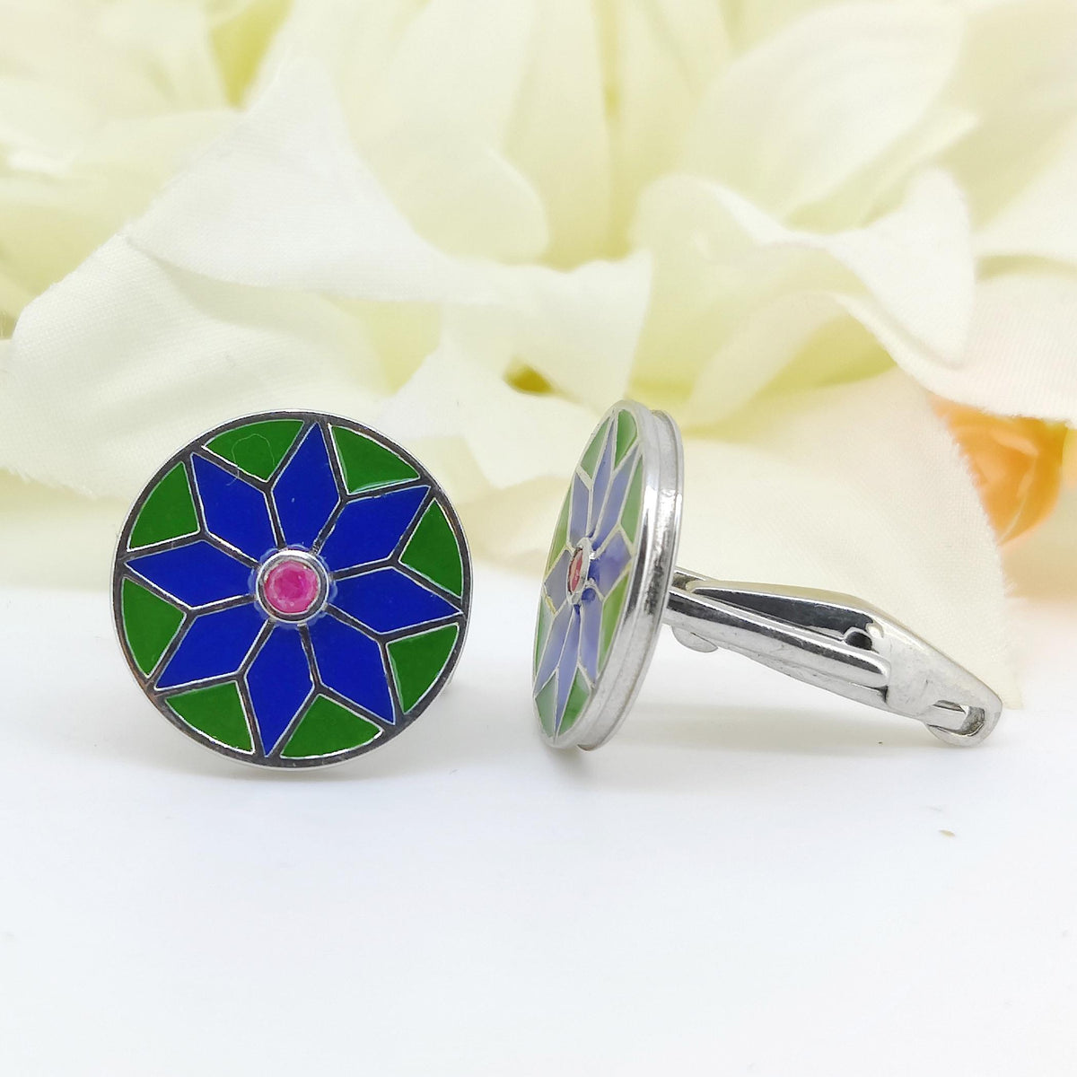 Natural Ruby Enamel Sterling Silver Cufflinks, July Birthstone Flower Jewelry