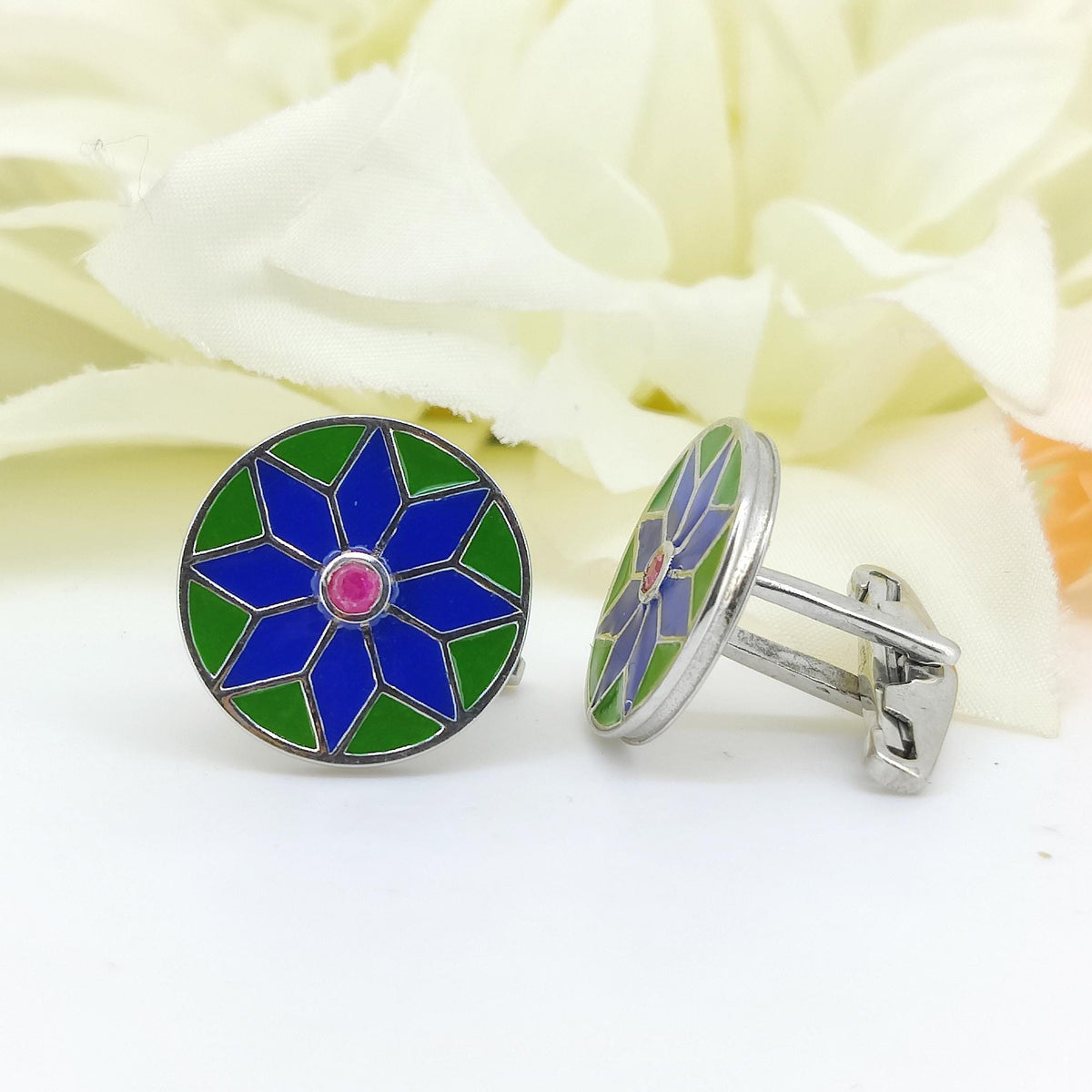 Natural Ruby Enamel Sterling Silver Cufflinks, July Birthstone Flower Jewelry