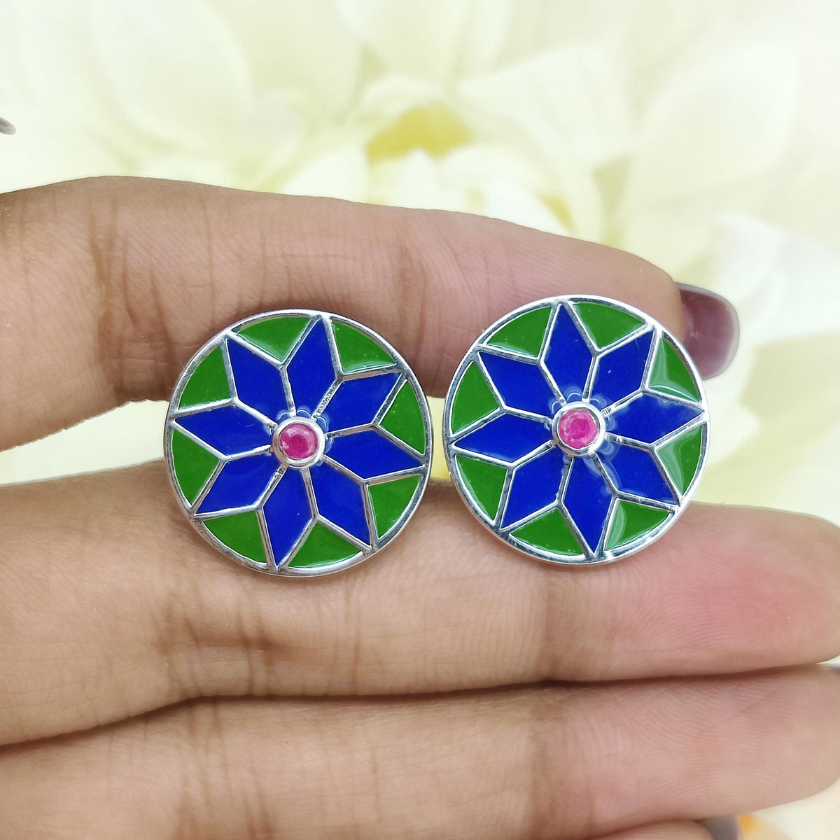 Natural Ruby Enamel Sterling Silver Cufflinks, July Birthstone Flower Jewelry