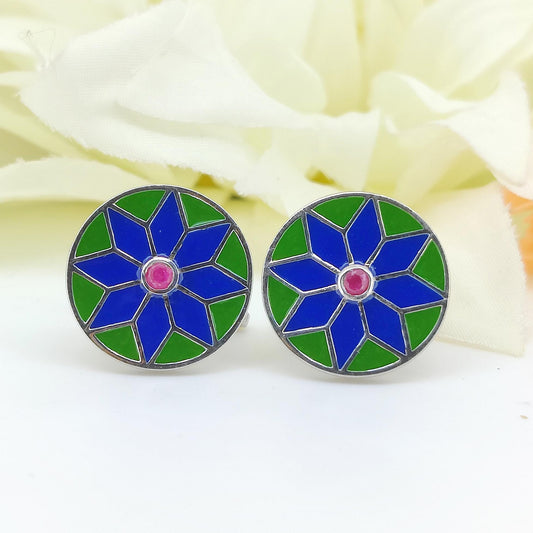 Natural Ruby Enamel Sterling Silver Cufflinks, July Birthstone Flower Jewelry