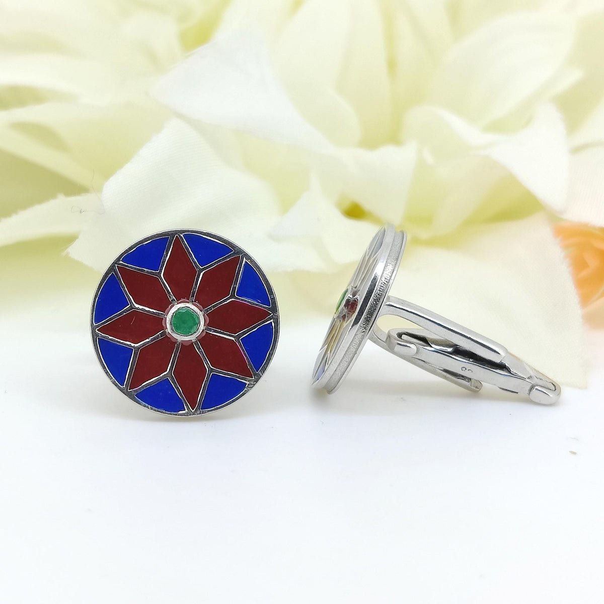 Sterling Silver Emerald Enamel Cufflinks, Art Deco Mens Jewelry, May Birthstone Gift