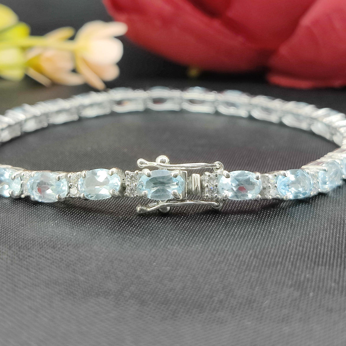 Oval Blue Topaz Tennis Bracelet, Sterling Silver, December Birthstone, Anniversary Gift Her