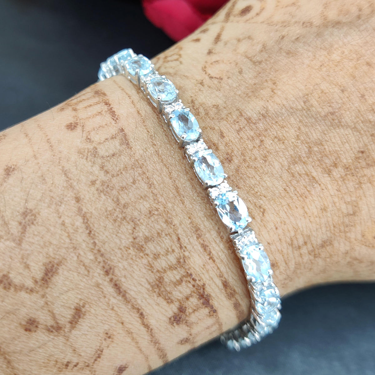 Oval Blue Topaz Tennis Bracelet, Sterling Silver, December Birthstone, Anniversary Gift Her