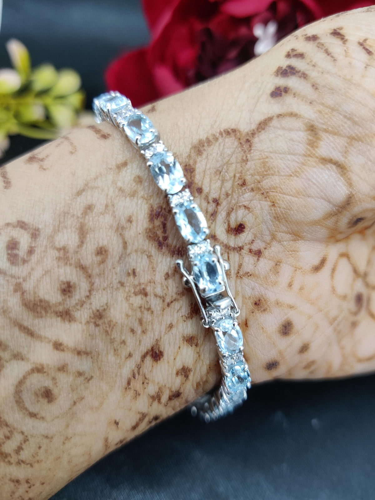 Oval Blue Topaz Tennis Bracelet, Sterling Silver, December Birthstone, Anniversary Gift Her