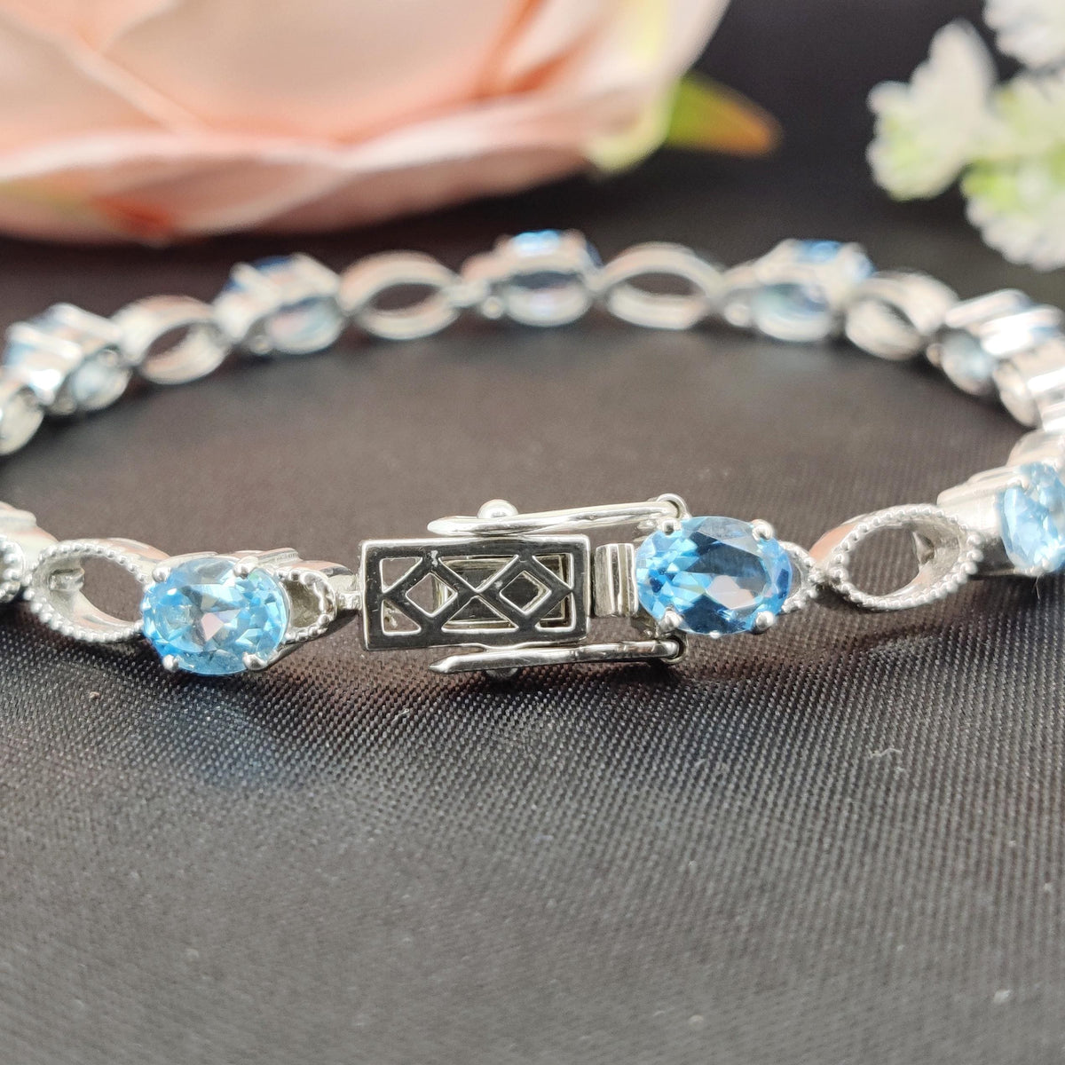 Natural Swiss Blue Topaz Tennis Bracelet, Sterling Silver, December Birthstone, Wedding Jewelry