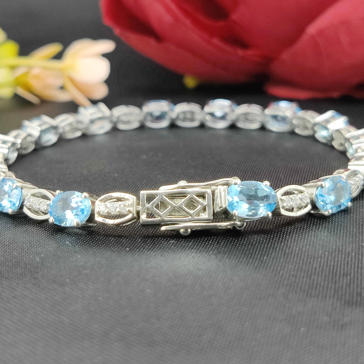 Oval Swiss Blue Topaz Tennis Bracelet, 925 Sterling Silver, December Birthstone, Bridal Jewelry