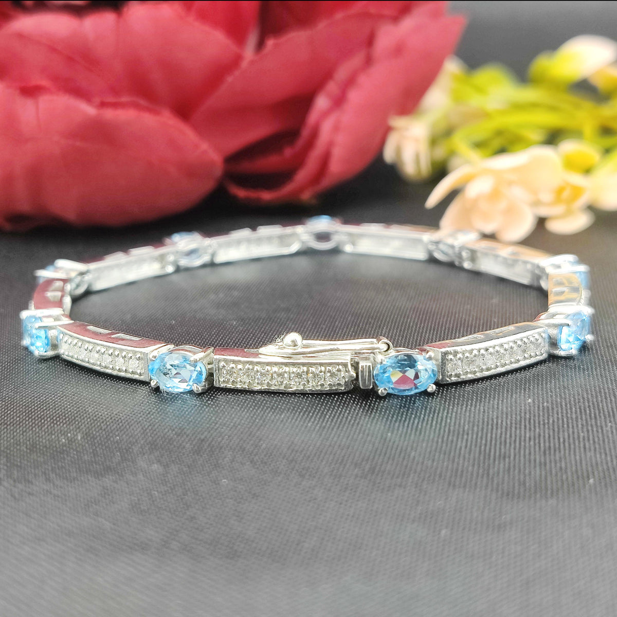 Natural Swiss Blue Topaz Tennis Bracelet, 925 Sterling Silver, December Birthstone Jewelry