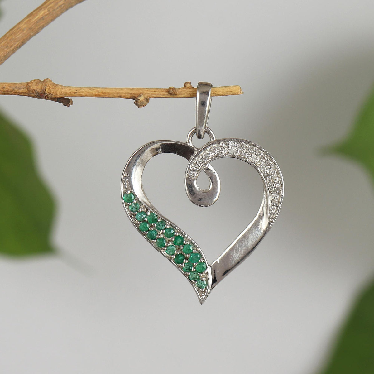 Sterling Silver Heart Pendant, Oval Emerald, May Birthstone Jewelry