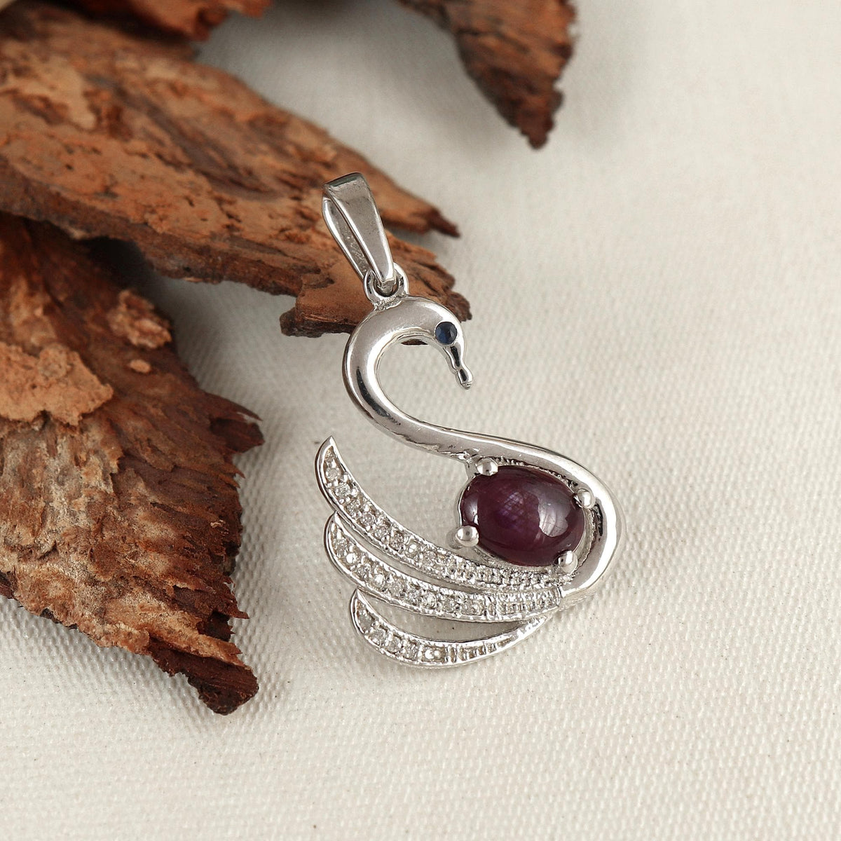 Star Ruby Swan Pendant: Sterling Silver Cubic Zircon Necklace