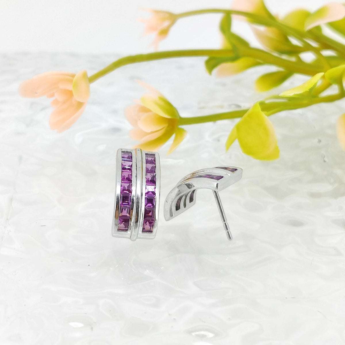 Natural Rhodolite Garnet Stud Earring-Square Cut Pink Gemstone-925 Sterling Silver Jewelry-January Birthstone Earrings-Rhodolite Jewelry