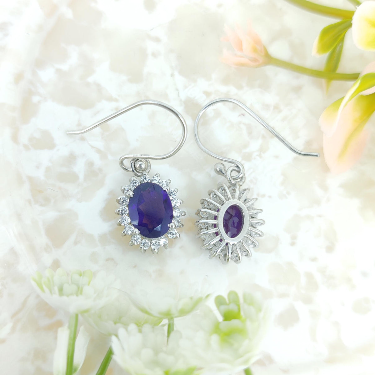Natural African Amethyst Earring-Gemstone Cluster Dangle Earring-925 Sterling Silver-Oval Amethyst Jewelry-February Birthstone Jewelry Gift