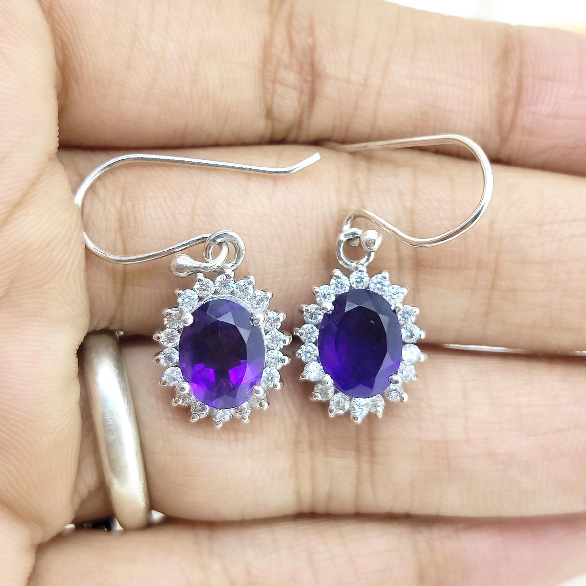 Natural African Amethyst Earring-Gemstone Cluster Dangle Earring-925 Sterling Silver-Oval Amethyst Jewelry-February Birthstone Jewelry Gift