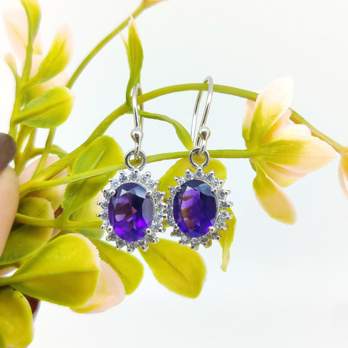 Natural African Amethyst Earring-Gemstone Cluster Dangle Earring-925 Sterling Silver-Oval Amethyst Jewelry-February Birthstone Jewelry Gift