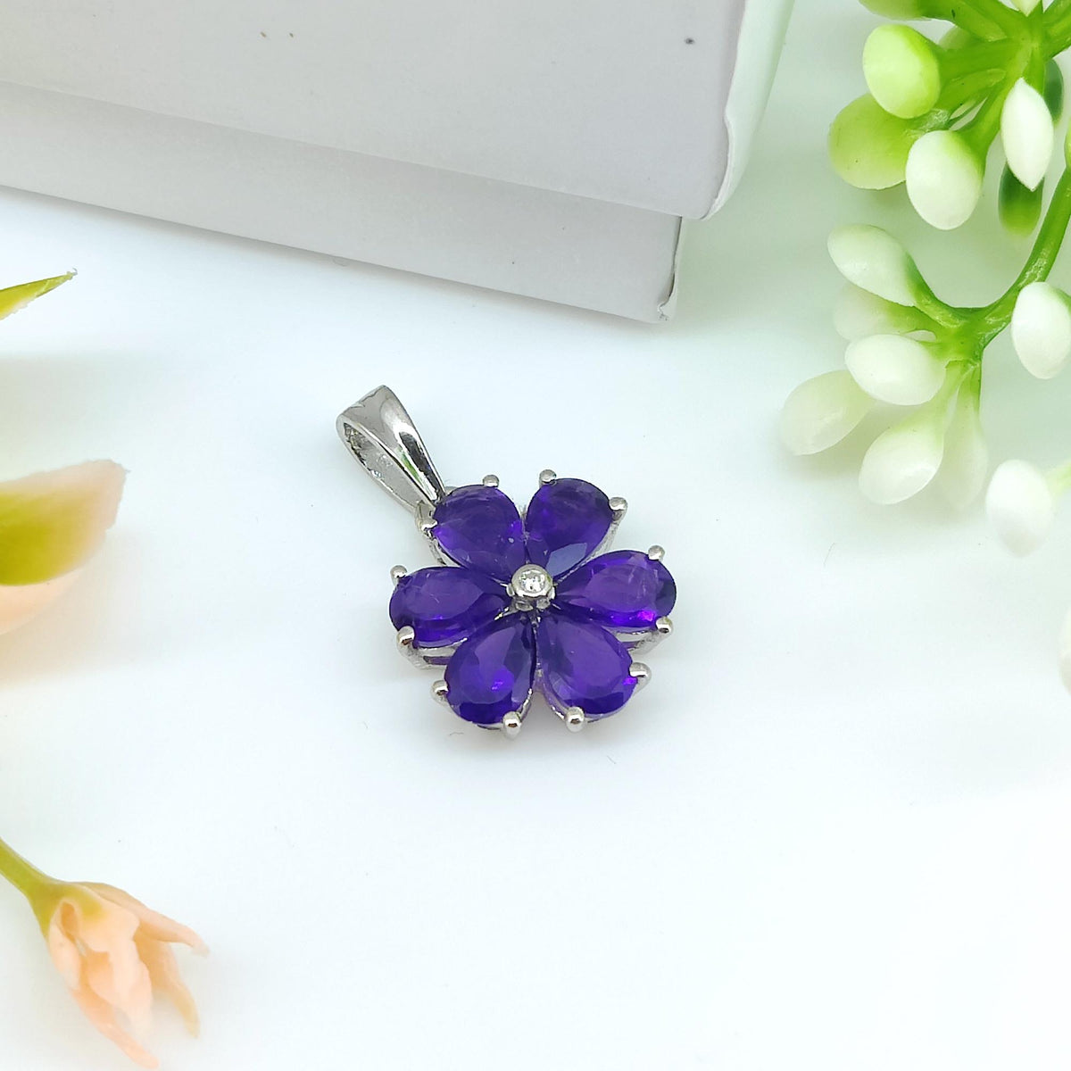 Handmade Sterling Silver Flower Amethyst Pendant, February Birthstone