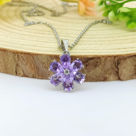 Natural Amethyst Pendant-925 Sterling Silver Jewelry-February Birthstone-Gemstone Flower Pendant-Handmade Jewelry-Gift for Anniversary