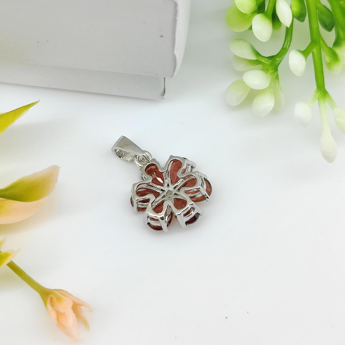Handmade Sterling Silver Flower Garnet Pendant, January Birthstone, Gifts For Her