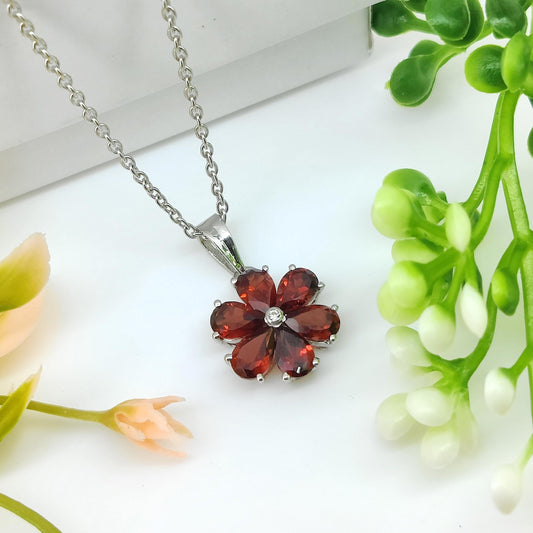 Handmade Sterling Silver Flower Garnet Pendant, January Birthstone, Gifts For Her