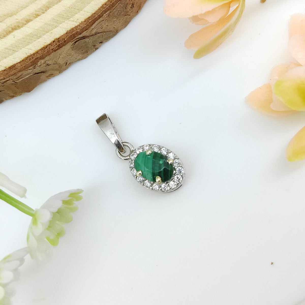 Natural Malachite Pendant-925 Sterling Silver-Oval Gemstone Cluster Pendant-May Birthstone-Cubic Zircon Chain Necklace-Anniversary Gift