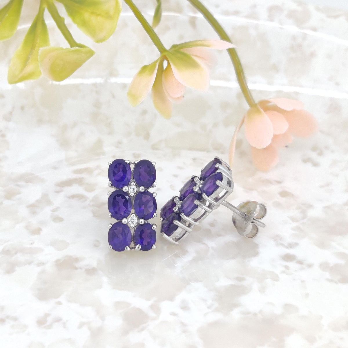 Natural African Amethyst Stud Earring-Oval Gemstone-925 Sterling Silver Jewelry-Cubic Zircon-February Birthstone Jewelry-Amethyst Earring