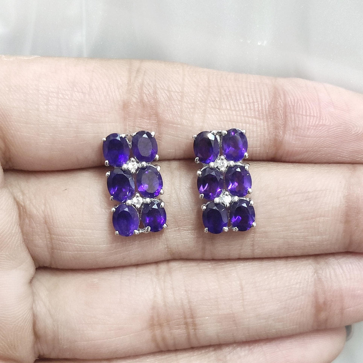 Natural African Amethyst Stud Earring-Oval Gemstone-925 Sterling Silver Jewelry-Cubic Zircon-February Birthstone Jewelry-Amethyst Earring