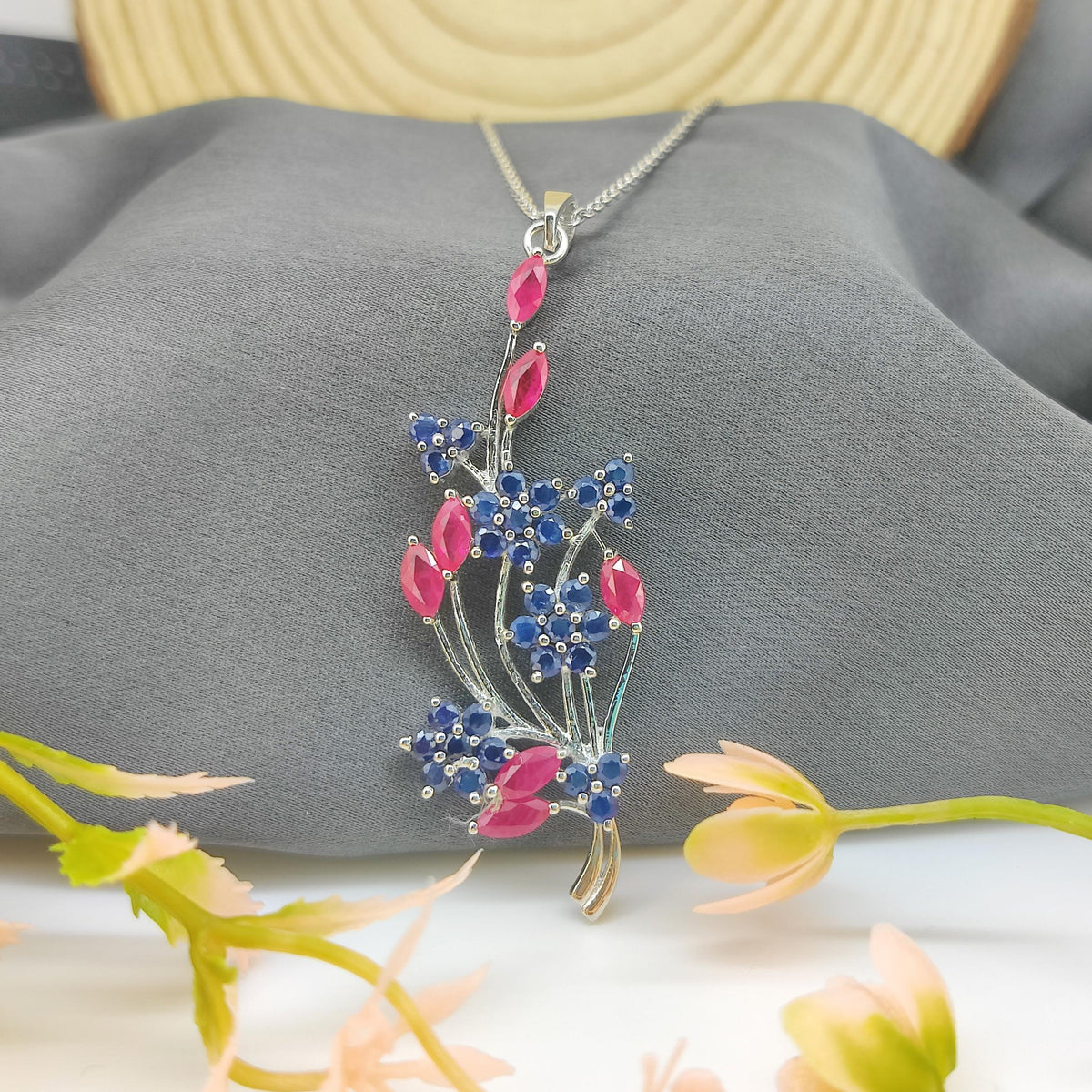 Ruby Sapphire Flower Pendant: Sterling Silver July Birthstone Jewelry