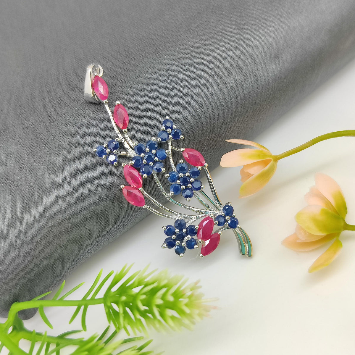 Ruby Sapphire Flower Pendant: Sterling Silver July Birthstone Jewelry