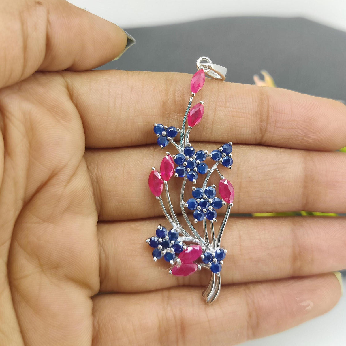 Ruby Sapphire Flower Pendant: Sterling Silver July Birthstone Jewelry