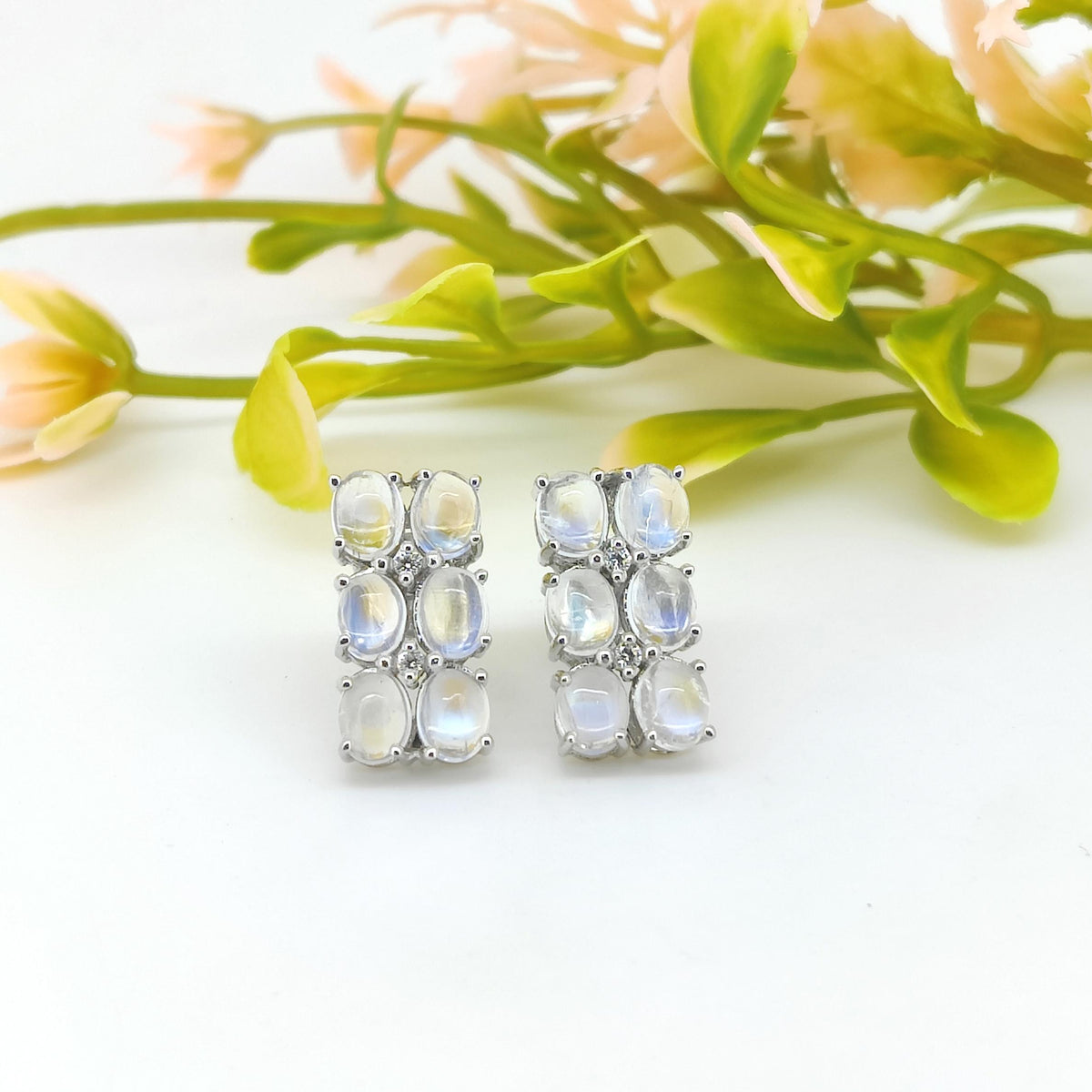 Rainbow Moonstone Stud Earrings: Oval 925 Sterling Silver Minimalist Jewelry