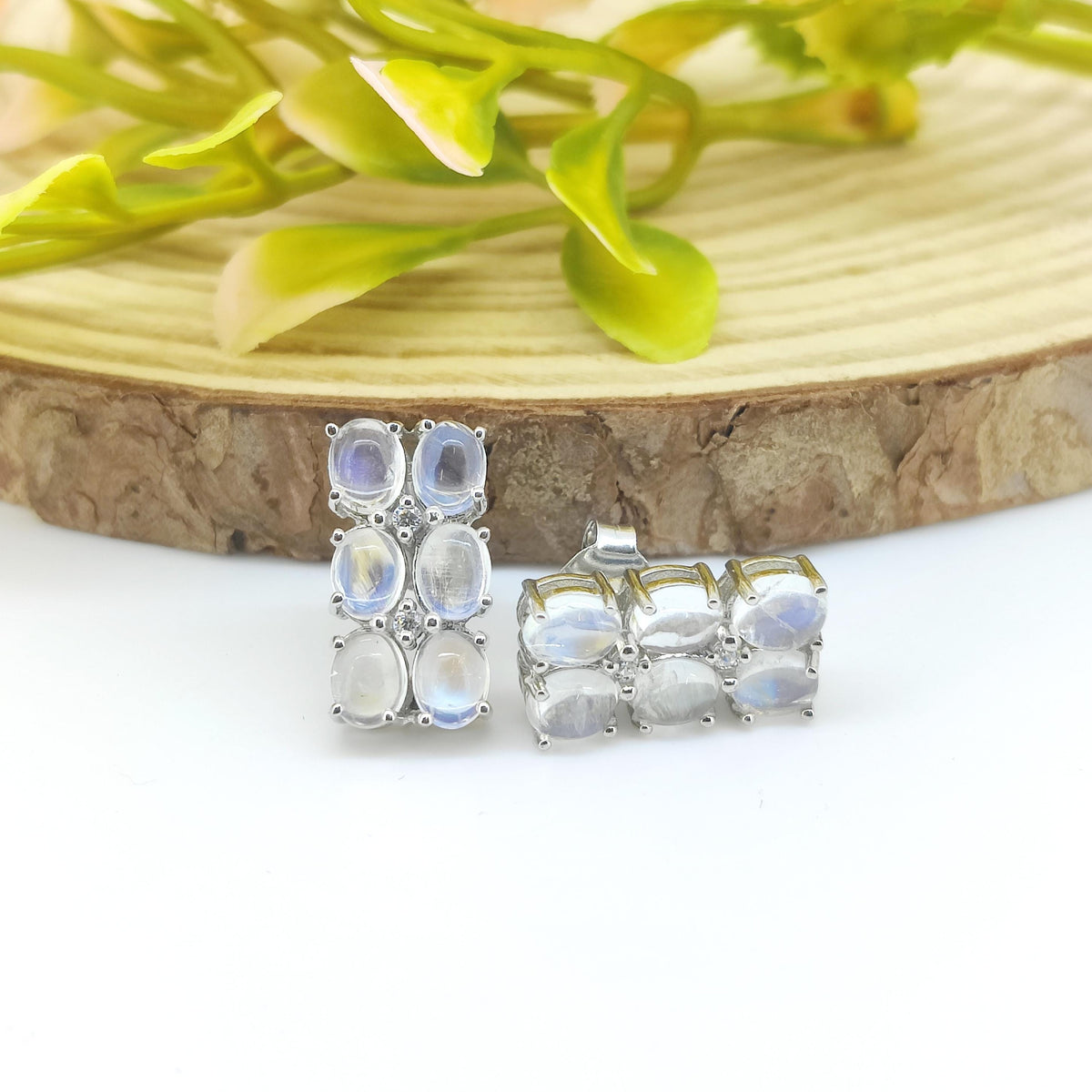 Rainbow Moonstone Stud Earrings: Oval 925 Sterling Silver Minimalist Jewelry