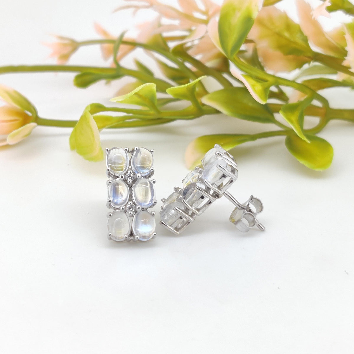 Rainbow Moonstone Stud Earrings: Oval 925 Sterling Silver Minimalist Jewelry
