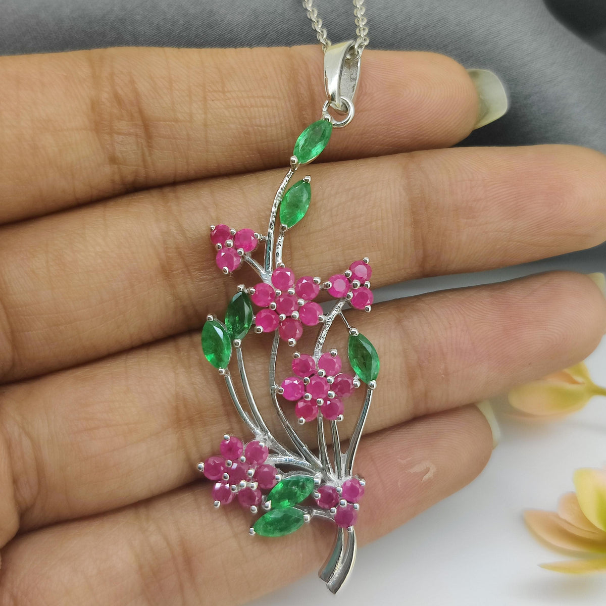 Ruby Flower Pendant: Sterling Silver, Emerald Accent, July Birthstone