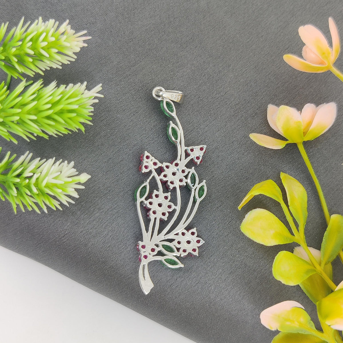 Ruby Flower Pendant: Sterling Silver, Emerald Accent, July Birthstone