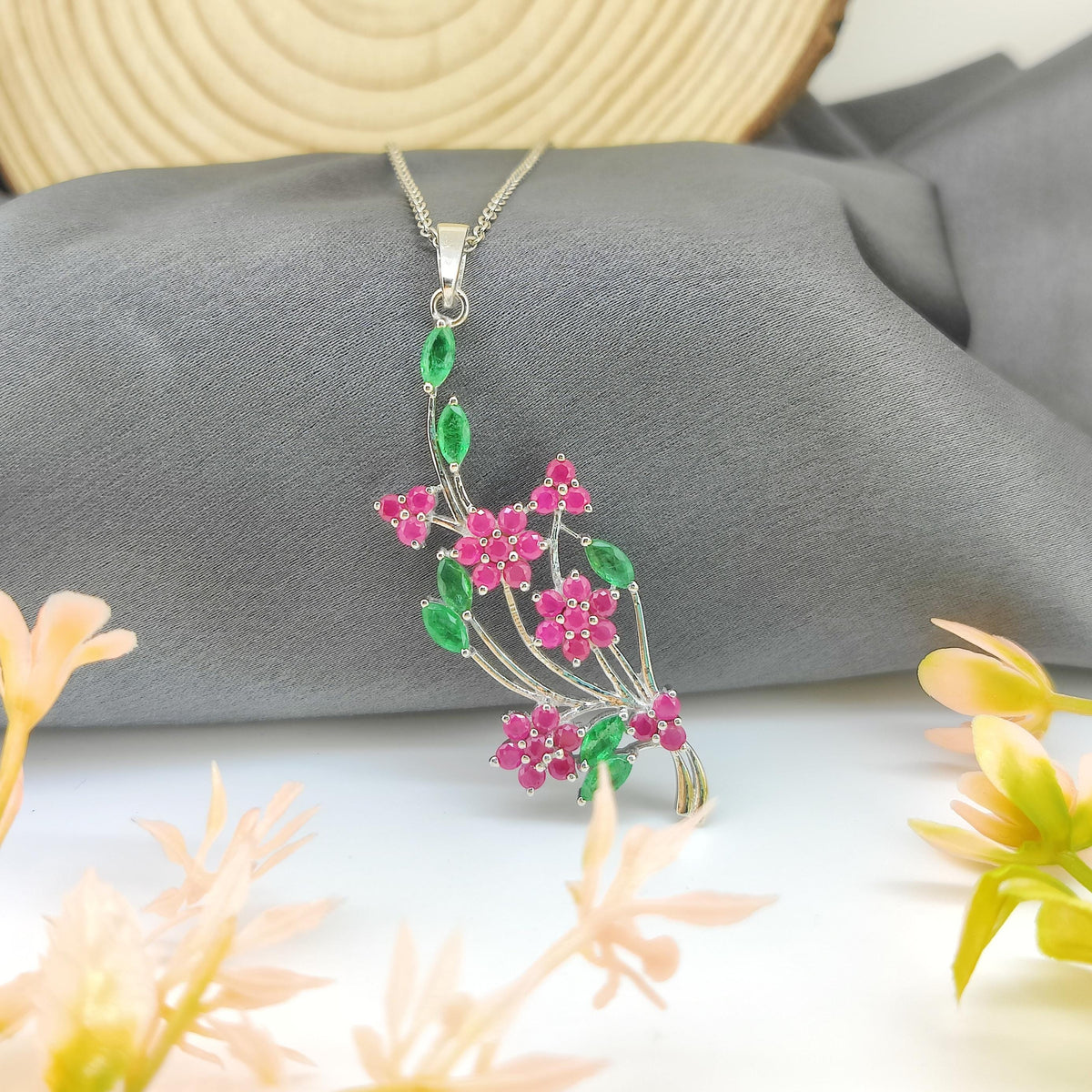 Ruby Flower Pendant: Sterling Silver, Emerald Accent, July Birthstone