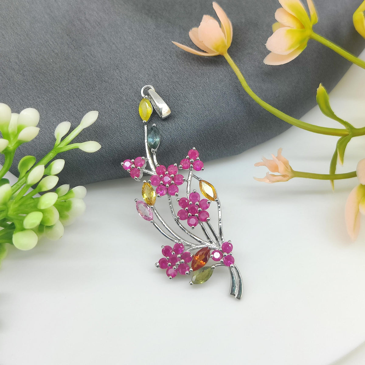 Ruby Flower Pendant: Sterling Silver Multi-Sapphire Floral Jewelry