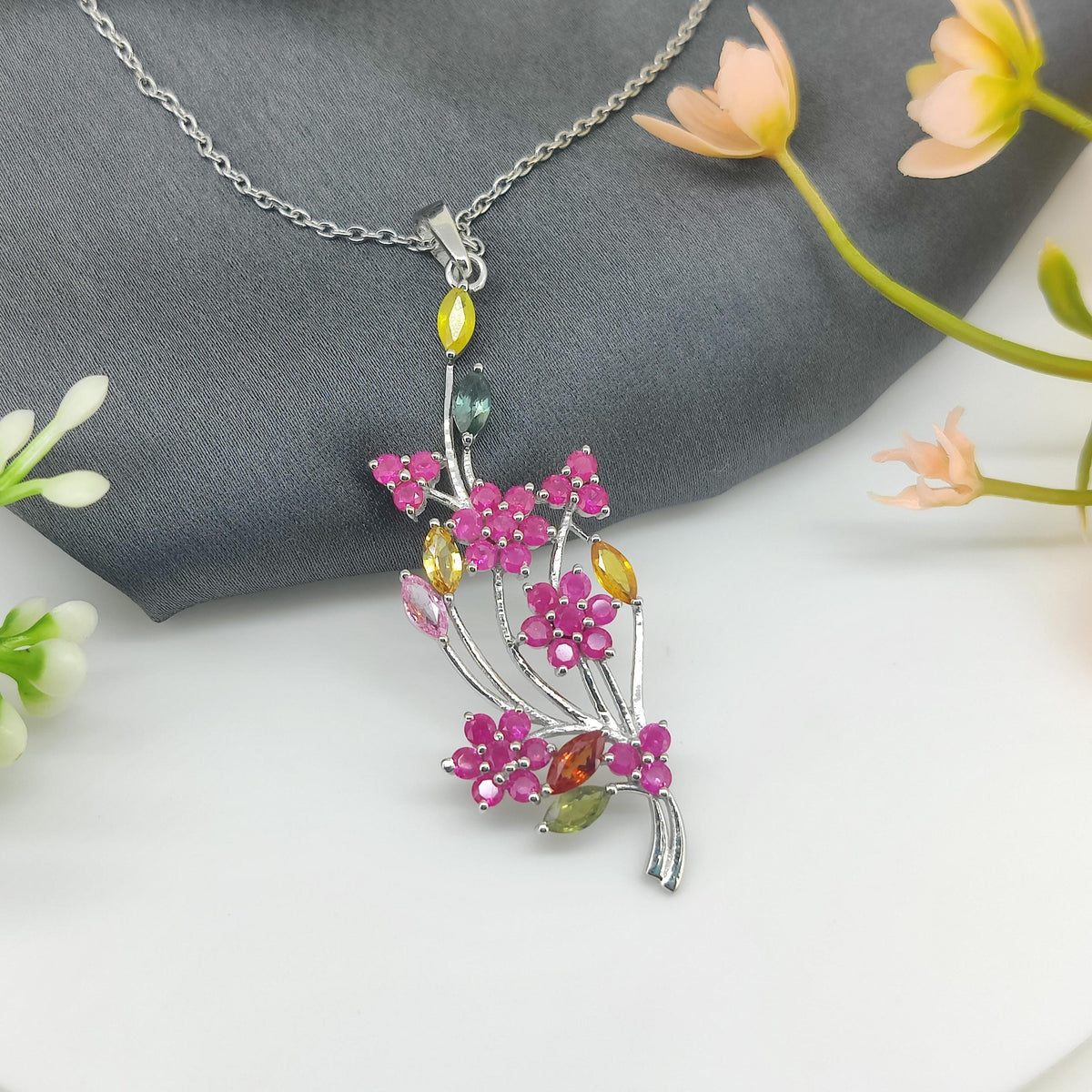 Ruby Flower Pendant: Sterling Silver Multi-Sapphire Floral Jewelry