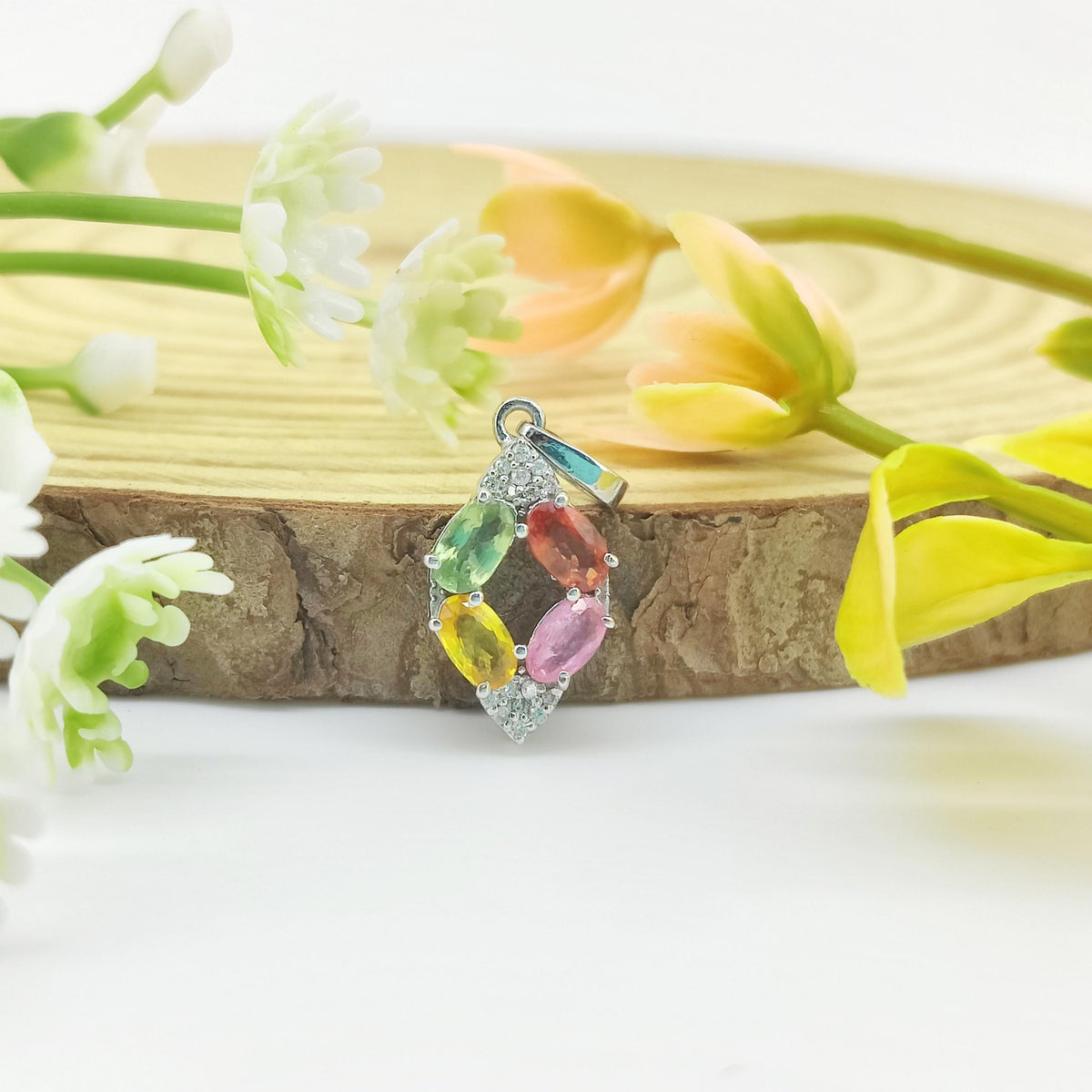 Natural Multi Sapphire Flower Pendant-925 Sterling Silver Jewelry-September Birthstone-Oval Sapphire Jewelry-Designer Diamond