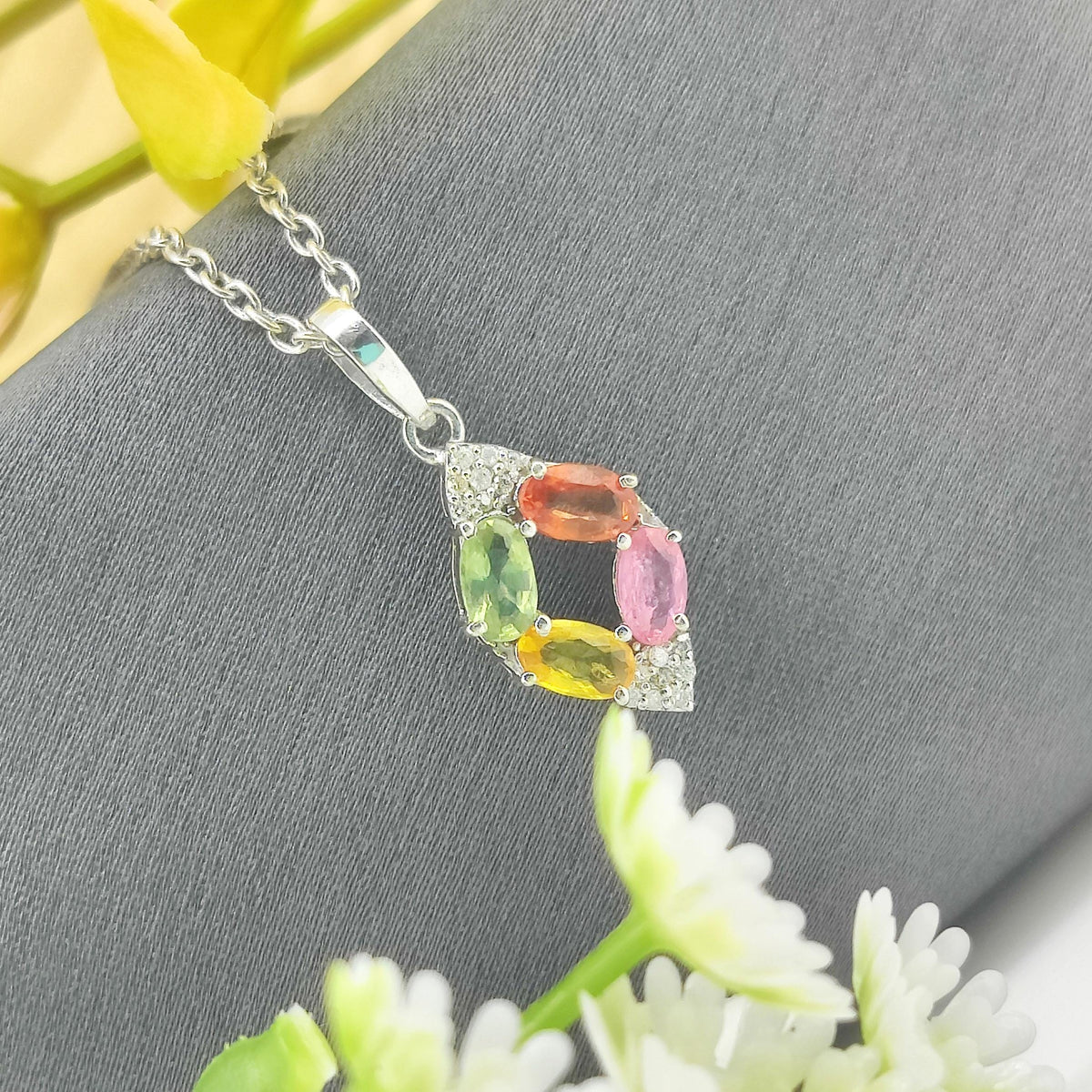 Natural Multi Sapphire Flower Pendant-925 Sterling Silver Jewelry-September Birthstone-Oval Sapphire Jewelry-Designer Diamond