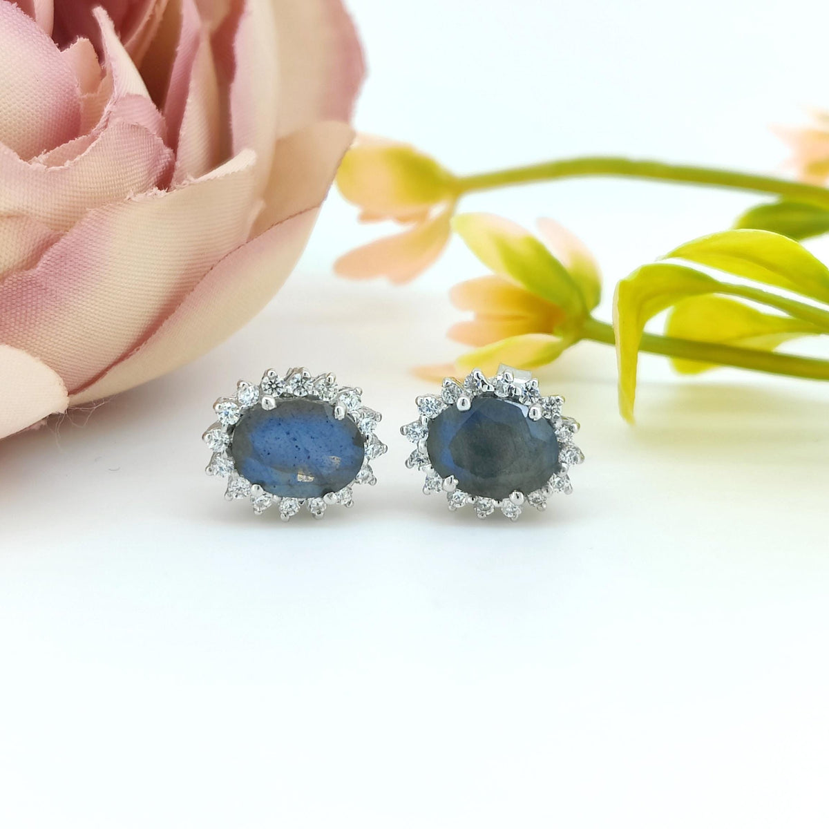 Natural Labradorite Stud Earring-925 Sterling Silver-Oval Labradorite-Blue Fire Gemstone Jewelry-February Birthstone Earrings-Gift for wife