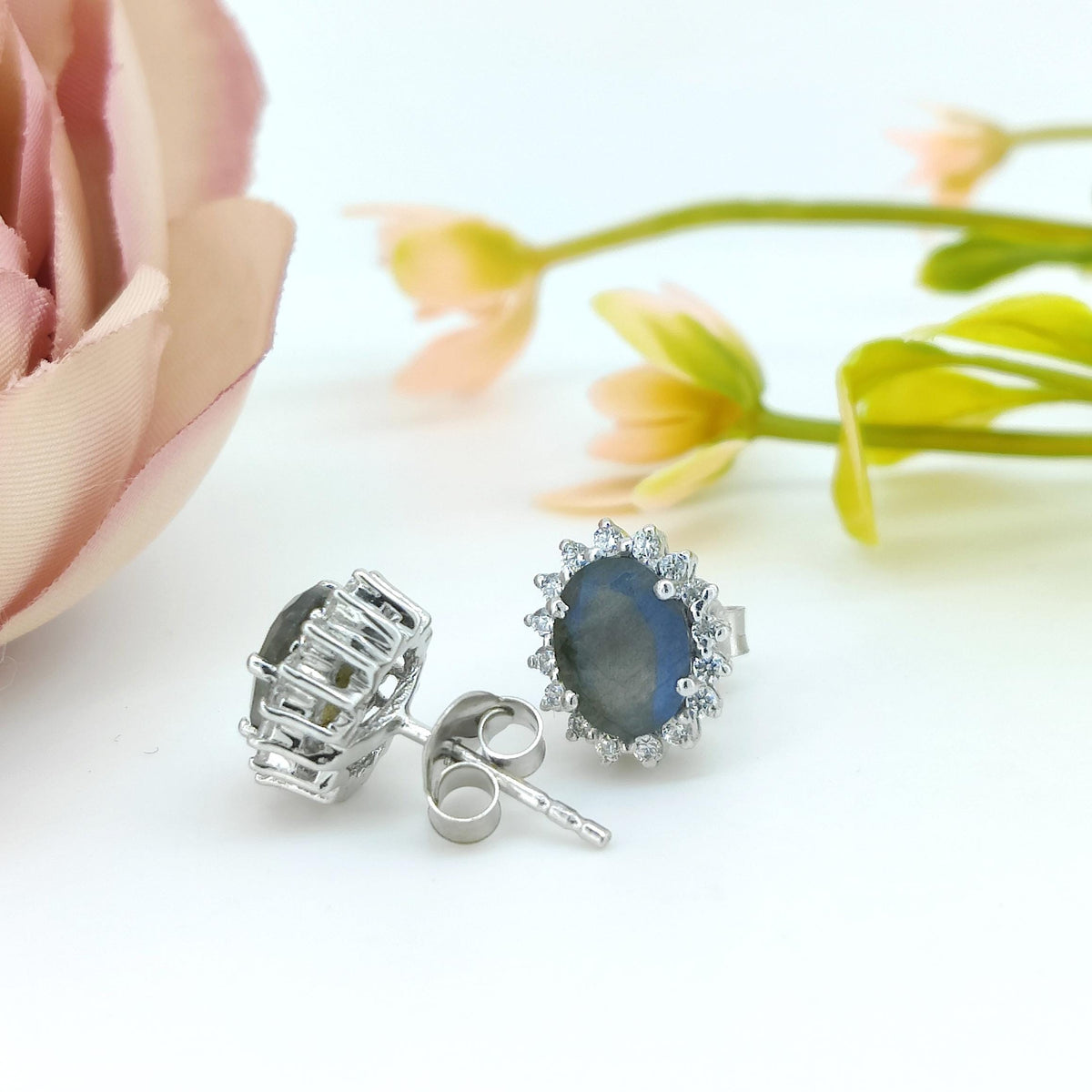 Natural Labradorite Stud Earring-925 Sterling Silver-Oval Labradorite-Blue Fire Gemstone Jewelry-February Birthstone Earrings-Gift for wife