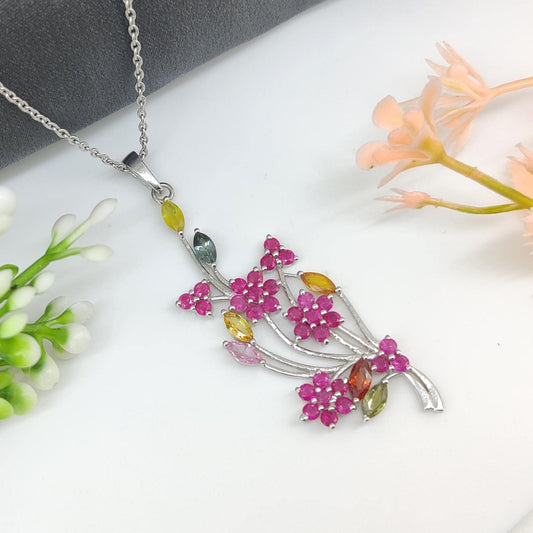 Ruby Flower Pendant: Sterling Silver Multi-Sapphire Floral Jewelry