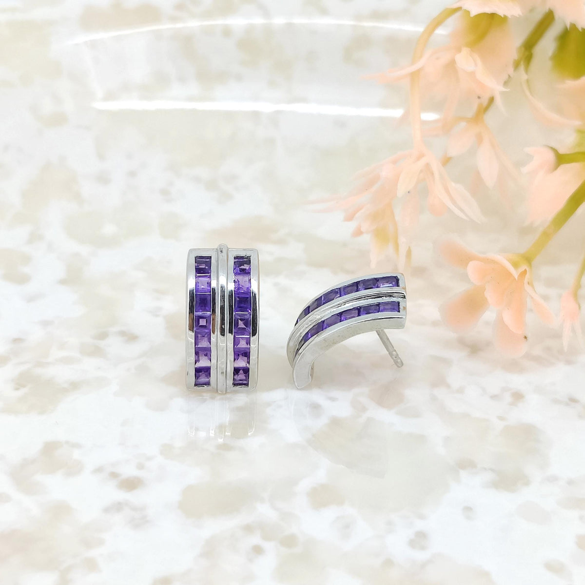 Natural African Amethyst Stud Earring-925 Sterling Silver-Square Gemstone-February Birthstone Earrings-Purple Amethyst Jewelry-Gift for her