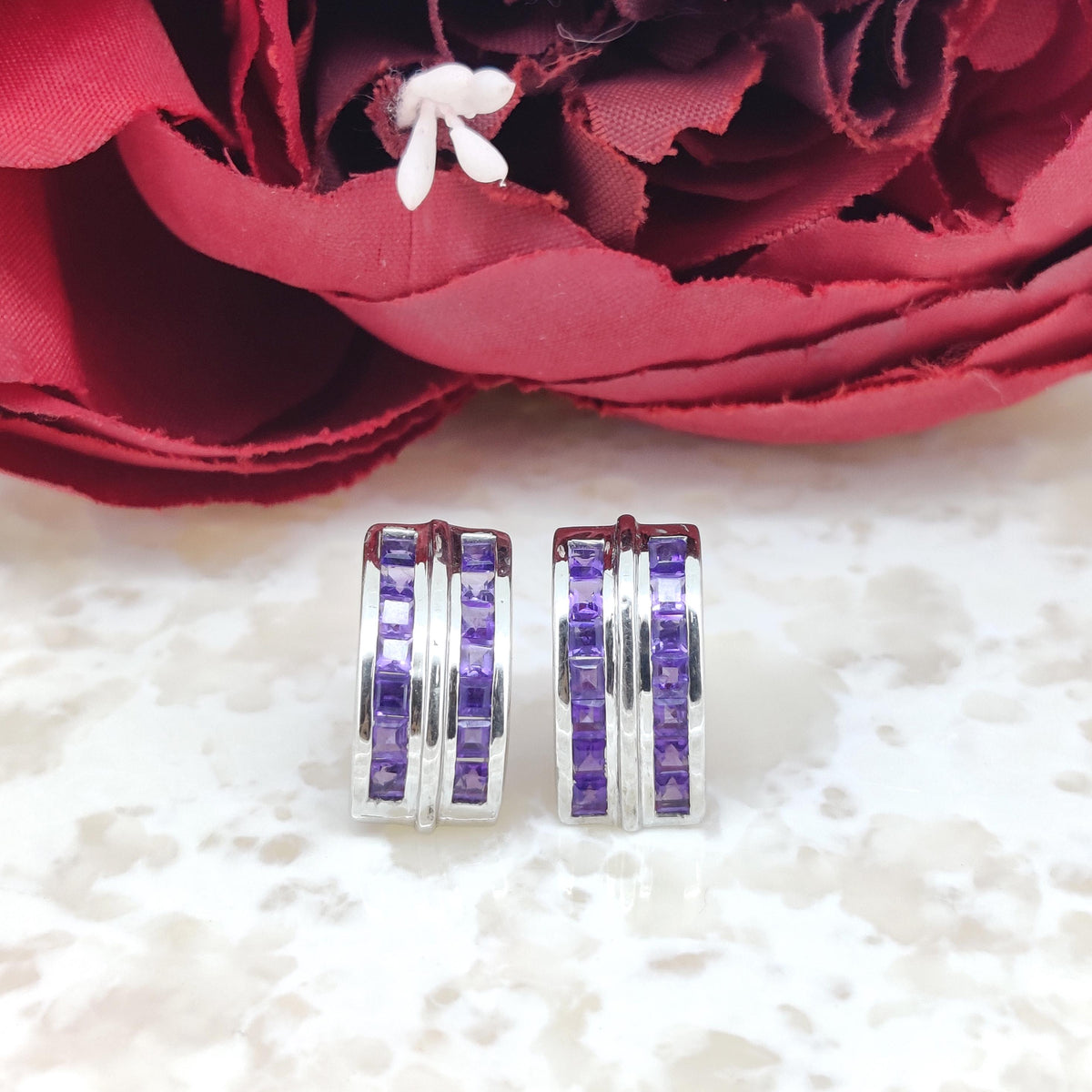 Natural African Amethyst Stud Earring-925 Sterling Silver-Square Gemstone-February Birthstone Earrings-Purple Amethyst Jewelry-Gift for her