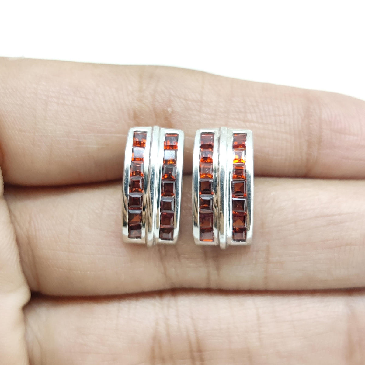 Square Garnet Stud Earrings: Sterling Silver January Birthstone
