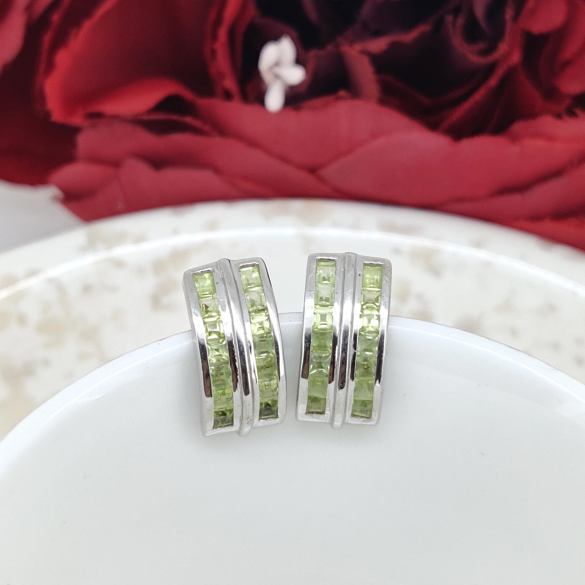 Square Peridot Stud Earrings: August Birthstone, Sterling Silver