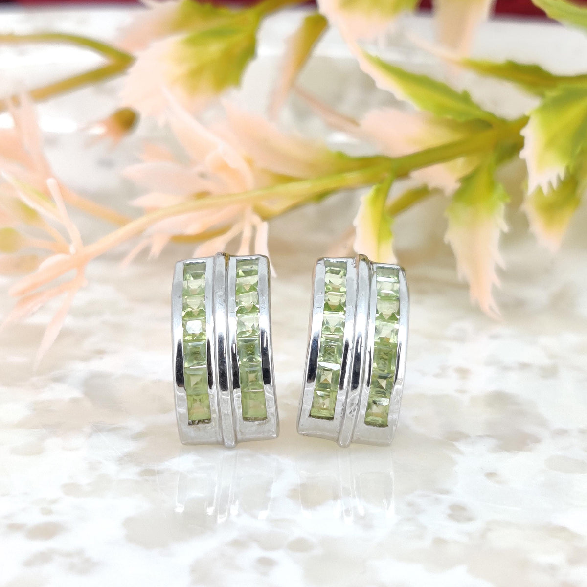 Square Peridot Stud Earrings: August Birthstone, Sterling Silver