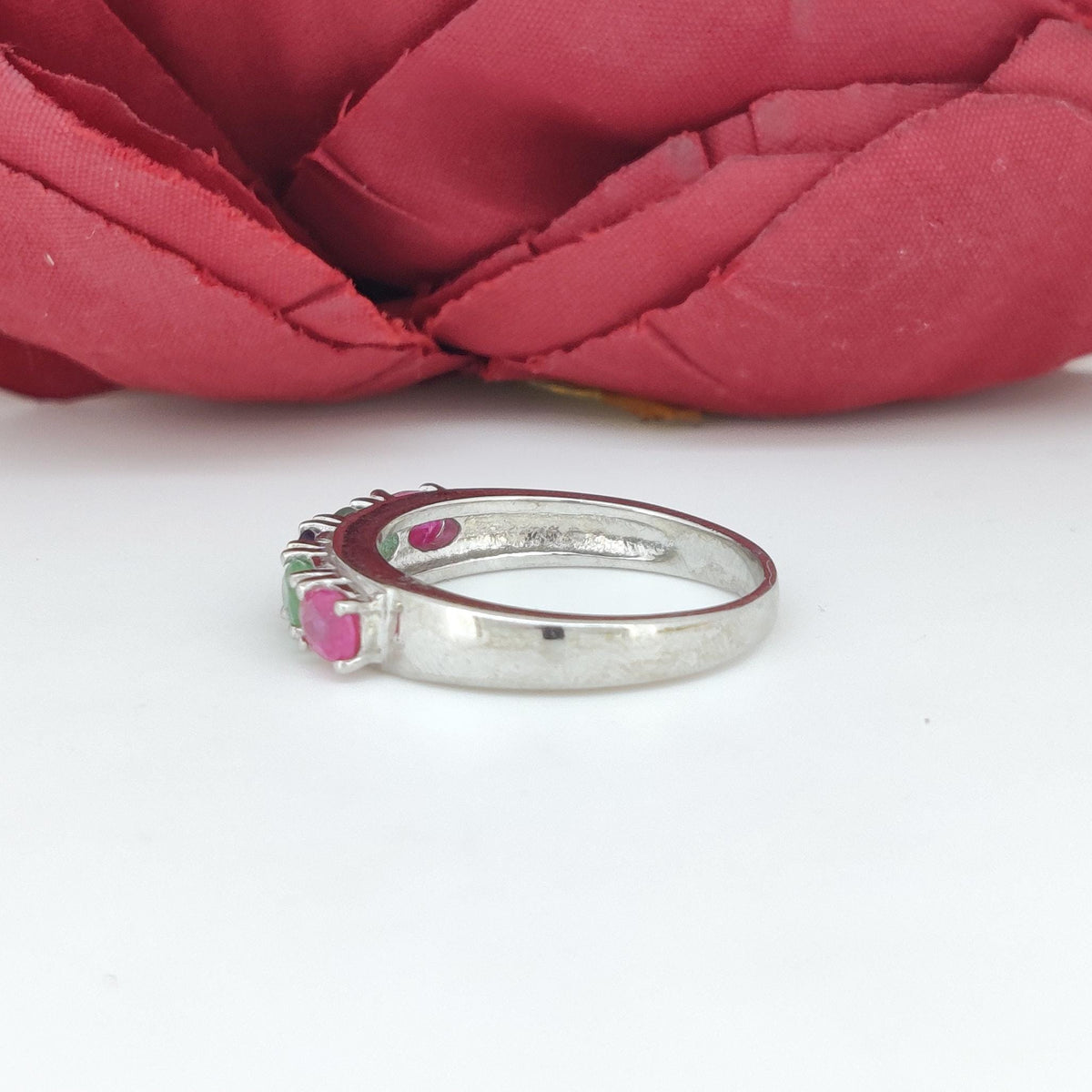 Ruby Sterling Silver Band Ring: Emerald Blue Sapphire Accent - Birthstone Jewelry