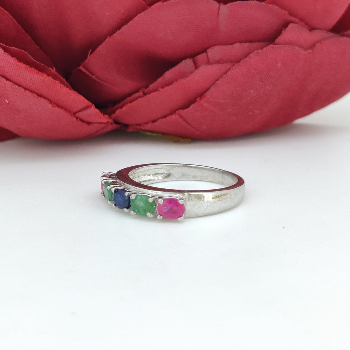 Ruby Sterling Silver Band Ring: Emerald Blue Sapphire Accent - Birthstone Jewelry