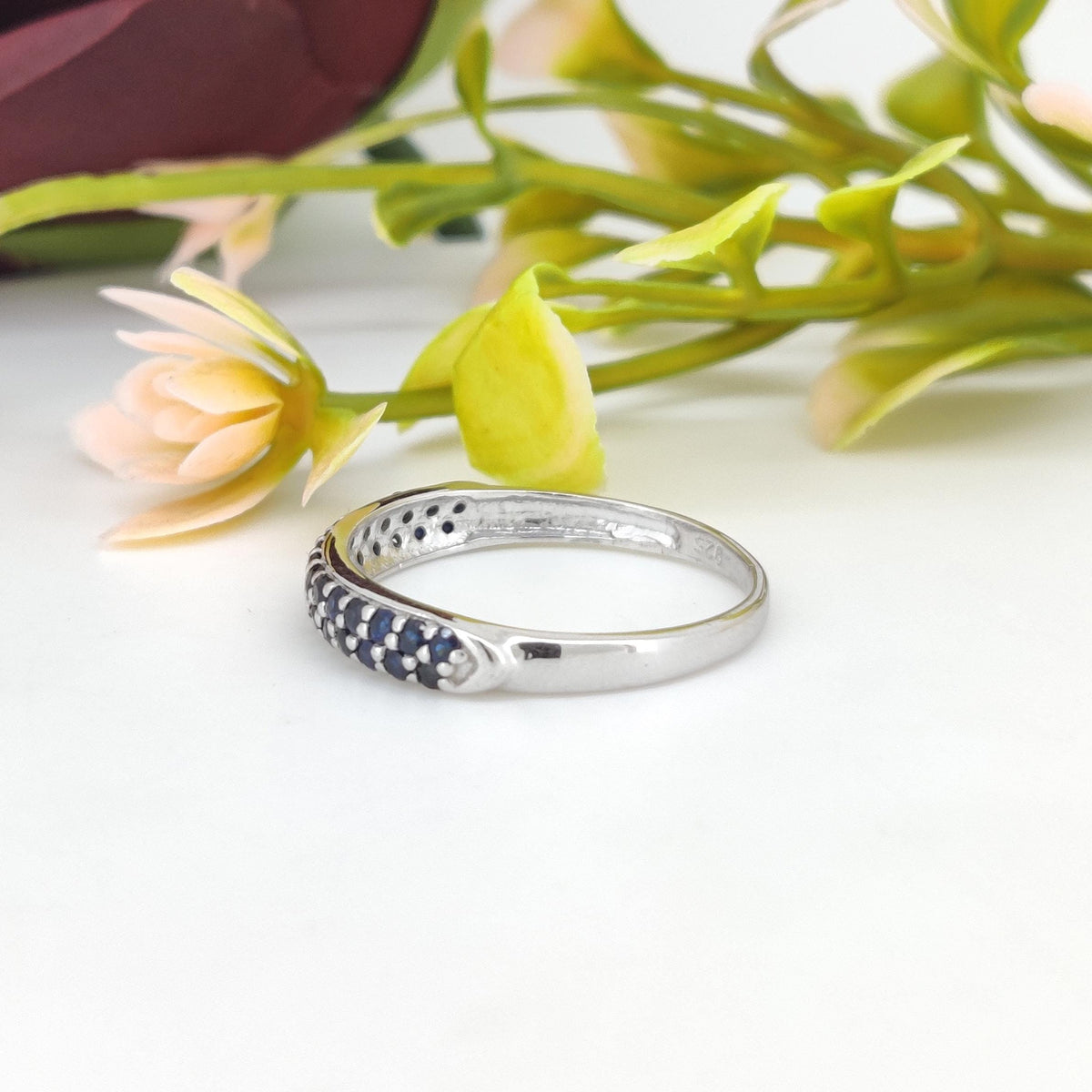 Blue Sapphire Ring: Sterling Silver September Birthstone Stackable Band