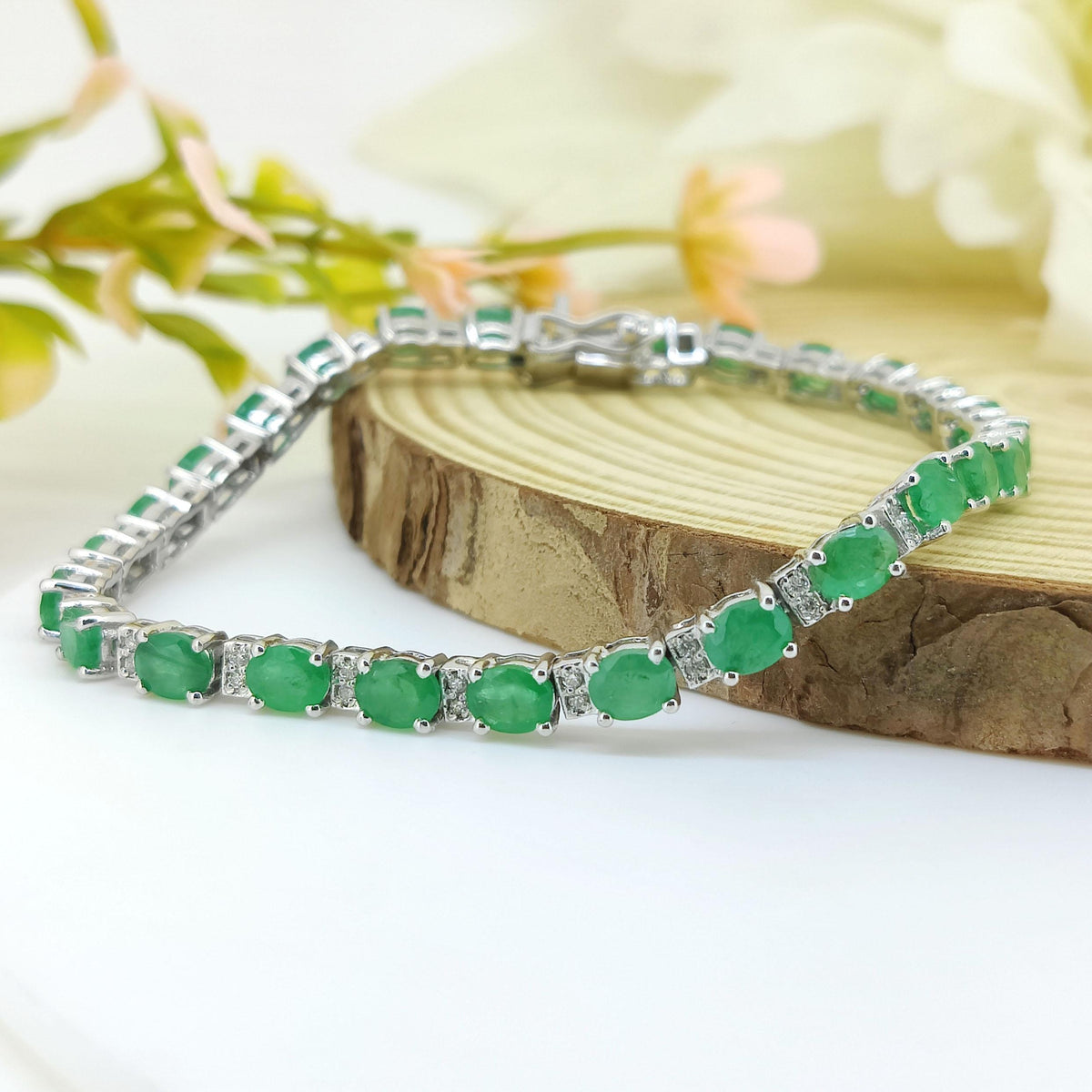 Natural Emerald Tennis Bracelet-925 Sterling Silver-Oval Gemstone-May Birthstone Bracelet